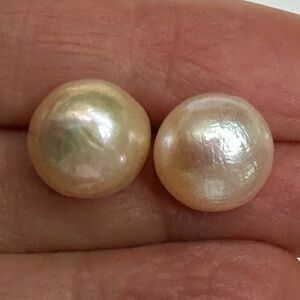 12mm NATURAL Peach Cultured Pearl Studs-14K YG over 925 Sterling Silver